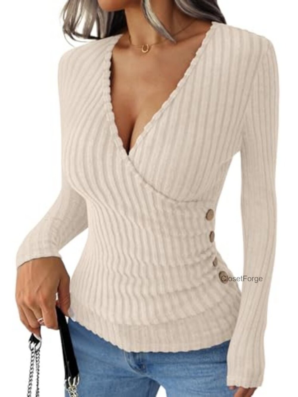 Women's V-Neck Slim Fit Long Sleeve Ribbed Knit Top